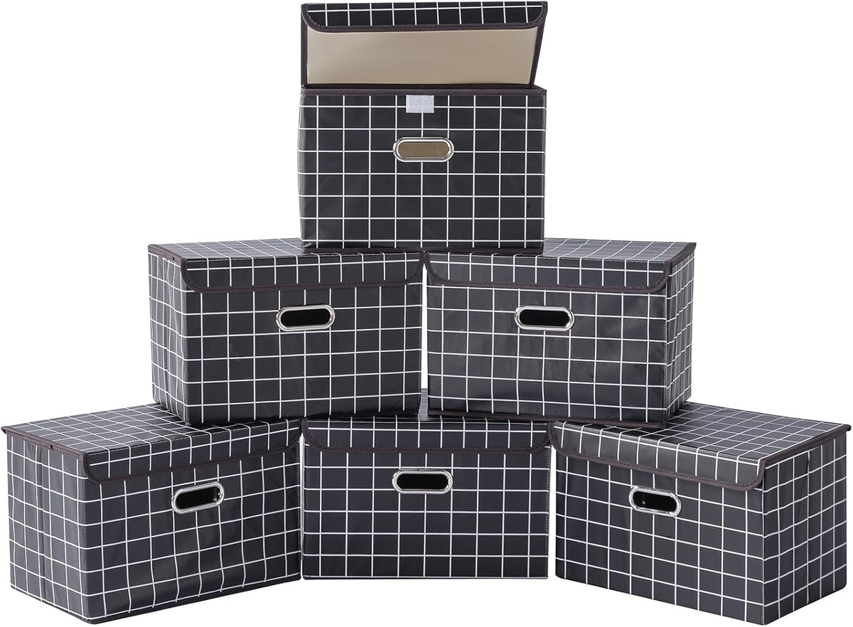 Fabric Storage Cube Bins Foldable Organizer Container Collapsible Basket with Lids and Metal Handles, for Home, Bedroom, Closet (Black)