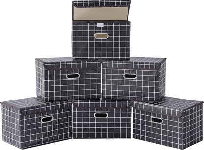 Fabric Storage Cube Bins Foldable Organizer Container Collapsible Basket with Lids and Metal Handles, for Home, Bedroom, Closet (Black)