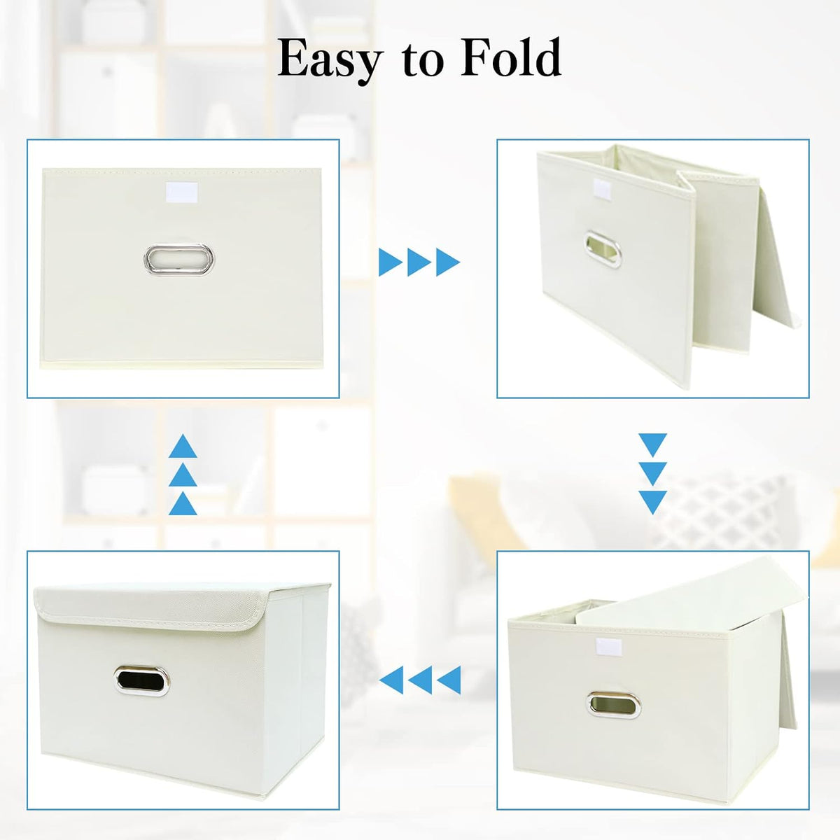 Fabric Storage Cube Bins Foldable Organizer Container Collapsible Basket with Lids and Metal Handles, for Home, Bedroom, Closet (Black)