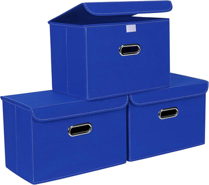 Fabric Storage Cube Bins Foldable Organizer Container Collapsible Basket with Lids and Metal Handles, for Home, Bedroom, Closet (Black)