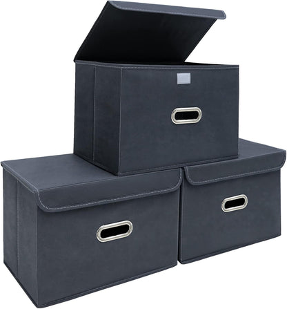 Fabric Storage Cube Bins Foldable Organizer Container Collapsible Basket with Lids and Metal Handles, for Home, Bedroom, Closet (Black)