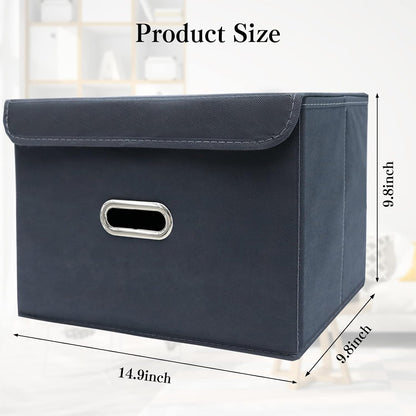 Fabric Storage Cube Bins Foldable Organizer Container Collapsible Basket with Lids and Metal Handles, for Home, Bedroom, Closet (Black)