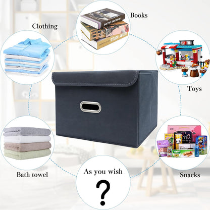 Fabric Storage Cube Bins Foldable Organizer Container Collapsible Basket with Lids and Metal Handles, for Home, Bedroom, Closet (Black)