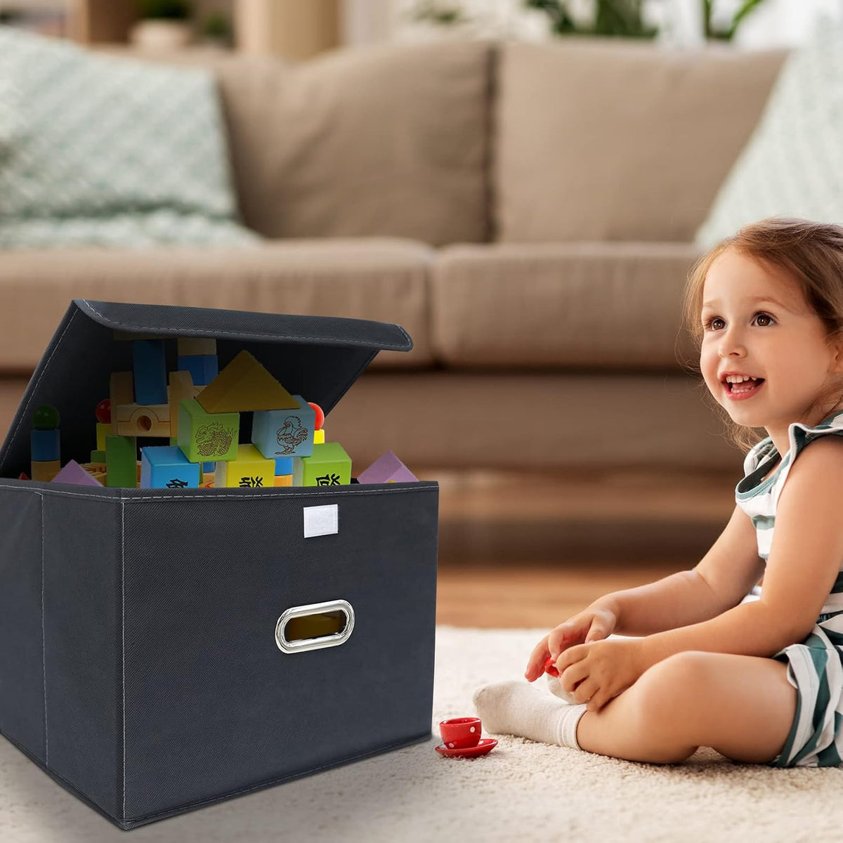 Fabric Storage Cube Bins Foldable Organizer Container Collapsible Basket with Lids and Metal Handles, for Home, Bedroom, Closet (Black)