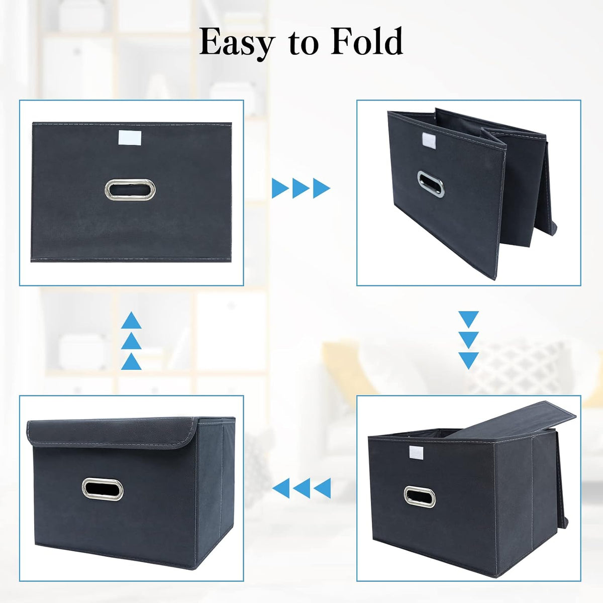 Fabric Storage Cube Bins Foldable Organizer Container Collapsible Basket with Lids and Metal Handles, for Home, Bedroom, Closet (Black)