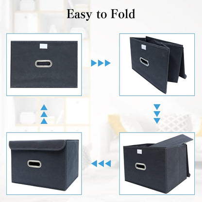 Fabric Storage Cube Bins Foldable Organizer Container Collapsible Basket with Lids and Metal Handles, for Home, Bedroom, Closet (Black)