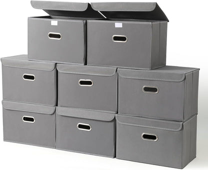 Fabric Storage Cube Bins Foldable Organizer Container Collapsible Basket with Lids and Metal Handles, for Home, Bedroom, Closet (Black)