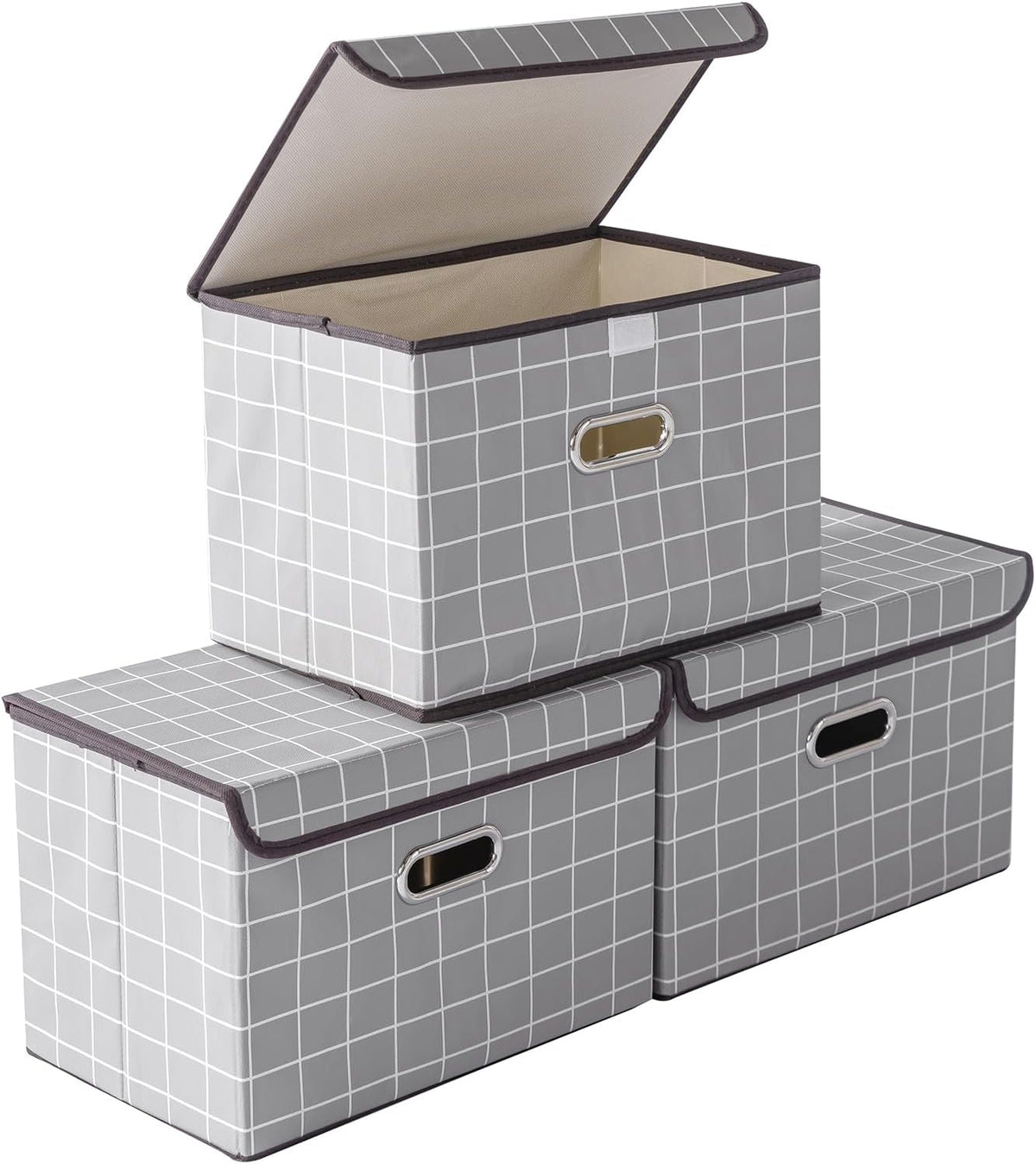 Fabric Storage Cube Bins Foldable Organizer Container Collapsible Basket with Lids and Metal Handles, for Home, Bedroom, Closet (Black)