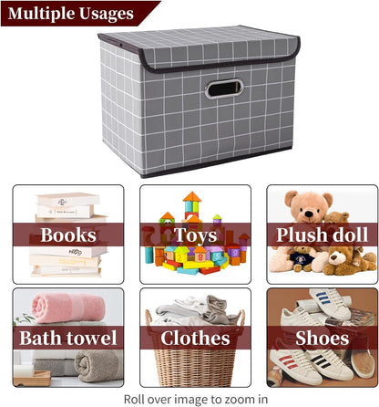 Fabric Storage Cube Bins Foldable Organizer Container Collapsible Basket with Lids and Metal Handles, for Home, Bedroom, Closet (Black)