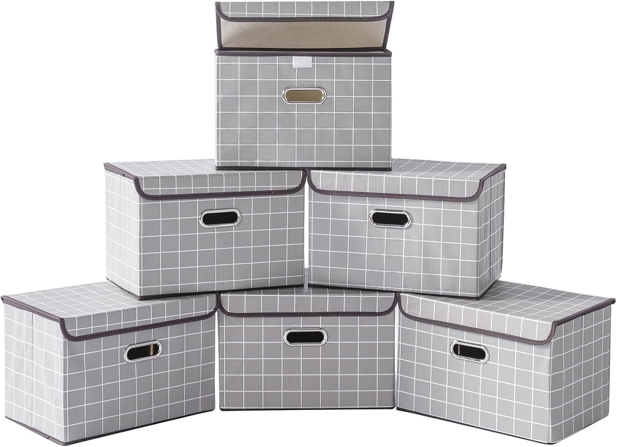 Fabric Storage Cube Bins Foldable Organizer Container Collapsible Basket with Lids and Metal Handles, for Home, Bedroom, Closet (Black)