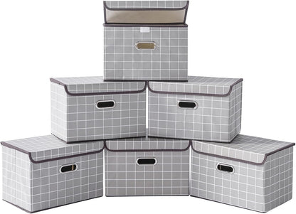 Fabric Storage Cube Bins Foldable Organizer Container Collapsible Basket with Lids and Metal Handles, for Home, Bedroom, Closet (Black)