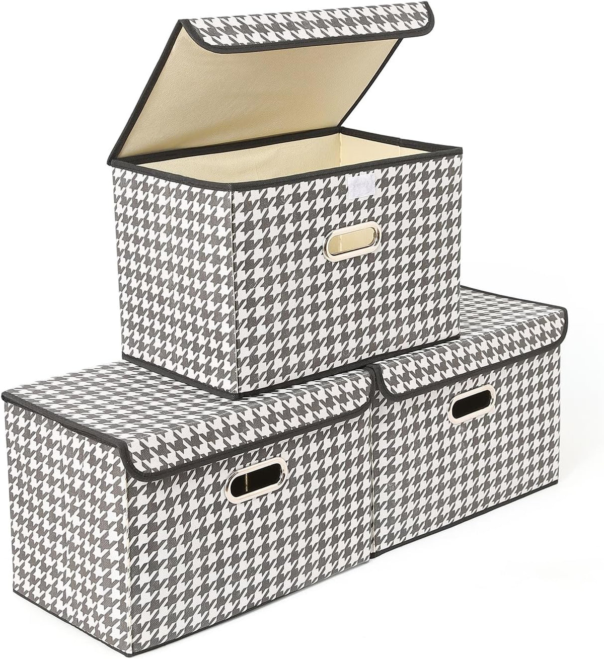Fabric Storage Cube Bins Foldable Organizer Container Collapsible Basket with Lids and Metal Handles, for Home, Bedroom, Closet (Black)