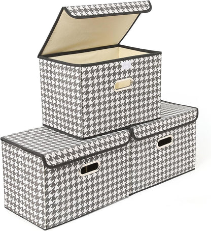 Fabric Storage Cube Bins Foldable Organizer Container Collapsible Basket with Lids and Metal Handles, for Home, Bedroom, Closet (Black)