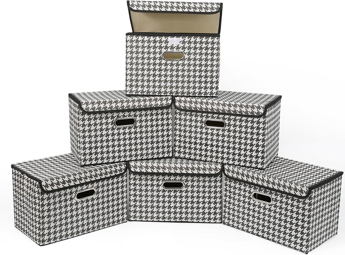 Fabric Storage Cube Bins Foldable Organizer Container Collapsible Basket with Lids and Metal Handles, for Home, Bedroom, Closet (Black)