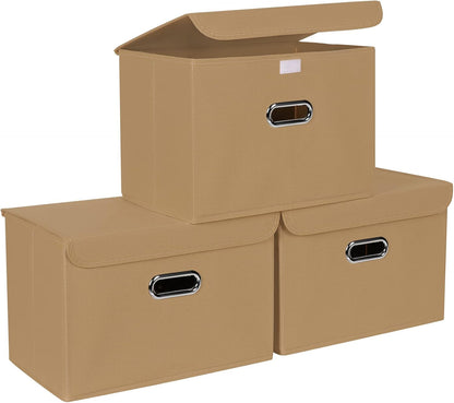 Fabric Storage Cube Bins Foldable Organizer Container Collapsible Basket with Lids and Metal Handles, for Home, Bedroom, Closet (Black)