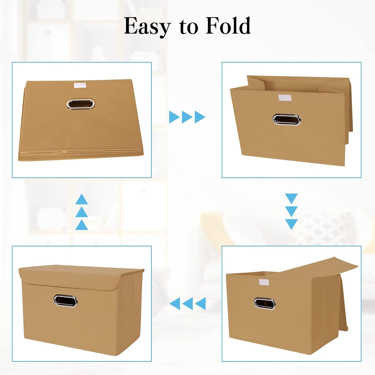 Fabric Storage Cube Bins Foldable Organizer Container Collapsible Basket with Lids and Metal Handles, for Home, Bedroom, Closet (Black)
