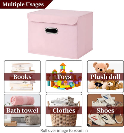 Fabric Storage Cube Bins Foldable Organizer Container Collapsible Basket with Lids and Metal Handles, for Home, Bedroom, Closet (Black)