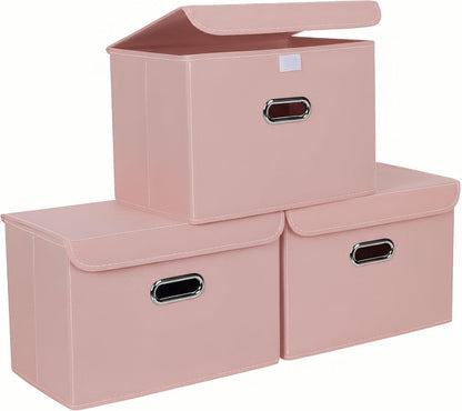 Fabric Storage Cube Bins Foldable Organizer Container Collapsible Basket with Lids and Metal Handles, for Home, Bedroom, Closet (Black)