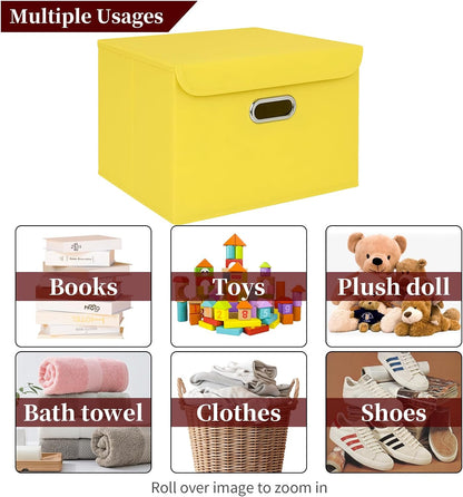 Fabric Storage Cube Bins Foldable Organizer Container Collapsible Basket with Lids and Metal Handles, for Home, Bedroom, Closet (Black)
