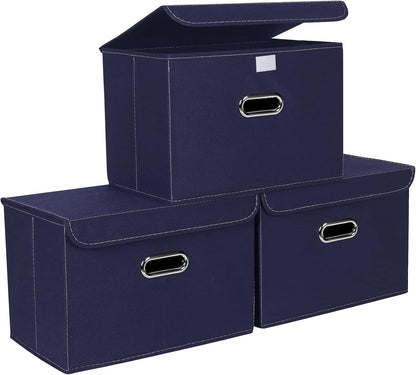 Fabric Storage Cube Bins Foldable Organizer Container Collapsible Basket with Lids and Metal Handles, for Home, Bedroom, Closet (Black)