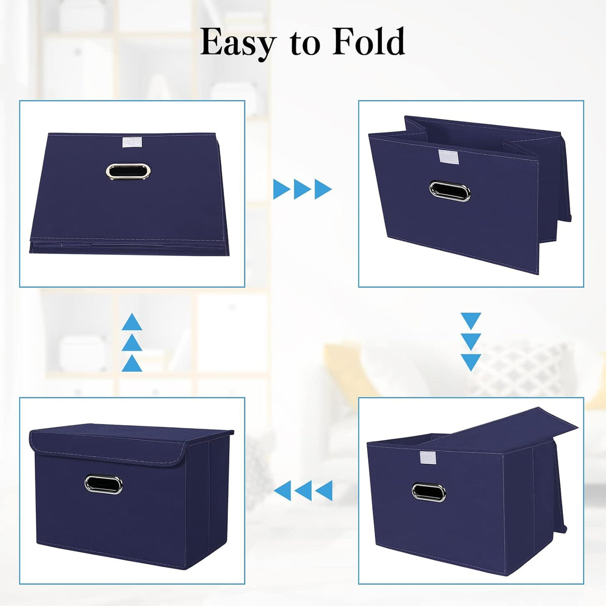 Fabric Storage Cube Bins Foldable Organizer Container Collapsible Basket with Lids and Metal Handles, for Home, Bedroom, Closet (Black)