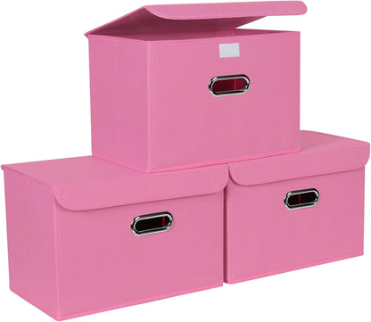 Fabric Storage Cube Bins Foldable Organizer Container Collapsible Basket with Lids and Metal Handles, for Home, Bedroom, Closet (Black)