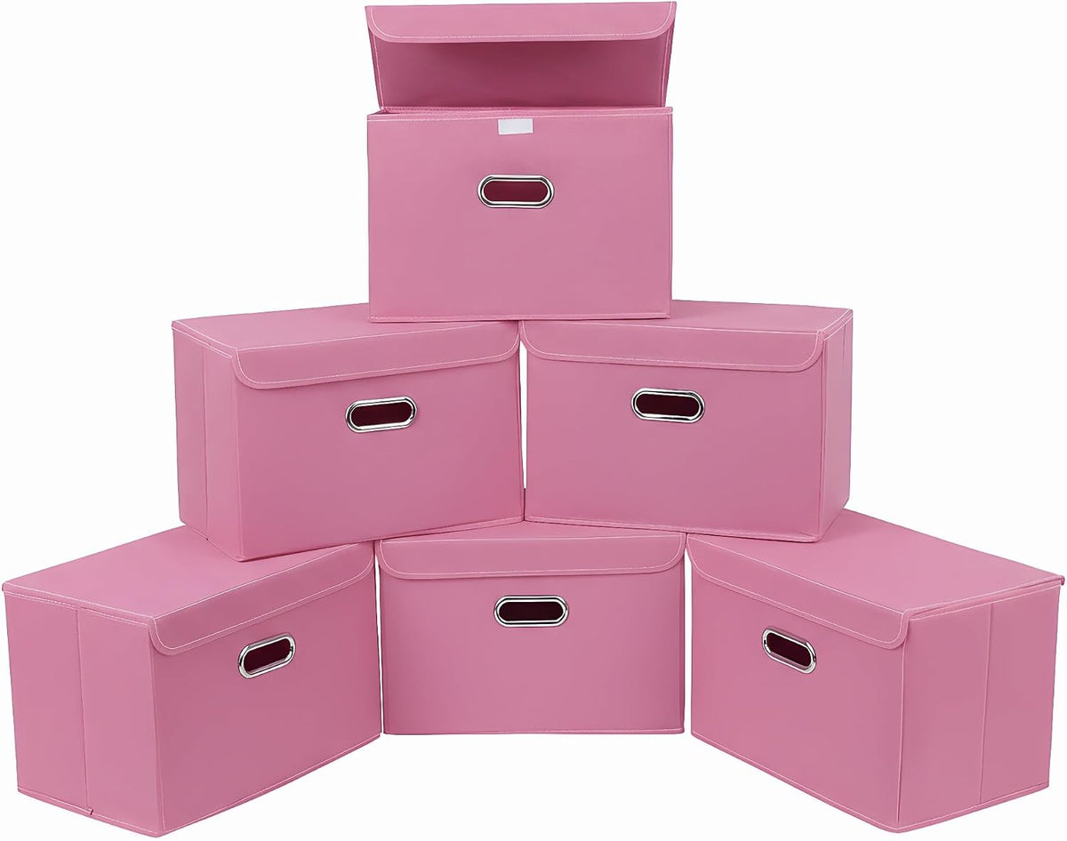 Fabric Storage Cube Bins Foldable Organizer Container Collapsible Basket with Lids and Metal Handles, for Home, Bedroom, Closet (Black)