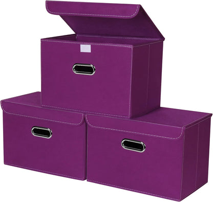 Fabric Storage Cube Bins Foldable Organizer Container Collapsible Basket with Lids and Metal Handles, for Home, Bedroom, Closet (Black)