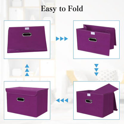 Fabric Storage Cube Bins Foldable Organizer Container Collapsible Basket with Lids and Metal Handles, for Home, Bedroom, Closet (Black)