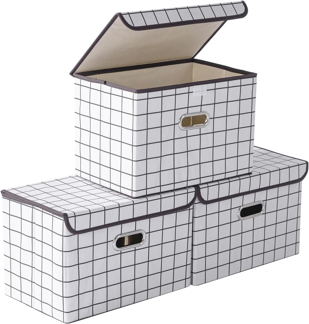 Fabric Storage Cube Bins Foldable Organizer Container Collapsible Basket with Lids and Metal Handles, for Home, Bedroom, Closet (Black)