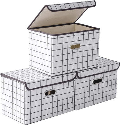 Fabric Storage Cube Bins Foldable Organizer Container Collapsible Basket with Lids and Metal Handles, for Home, Bedroom, Closet (Black)