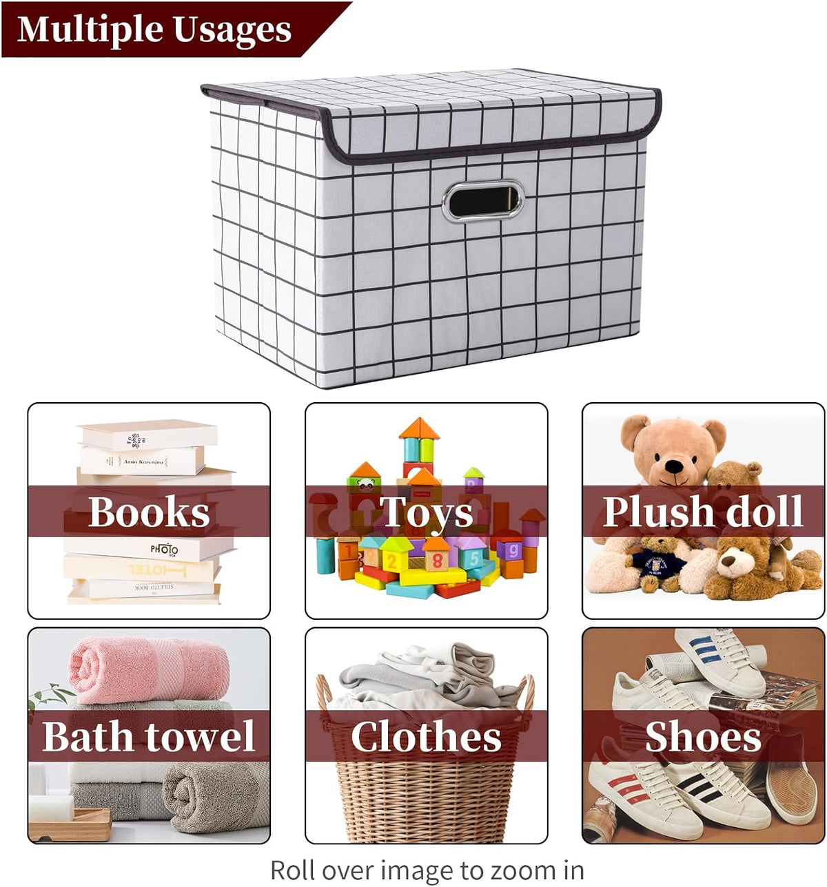Fabric Storage Cube Bins Foldable Organizer Container Collapsible Basket with Lids and Metal Handles, for Home, Bedroom, Closet (Black)