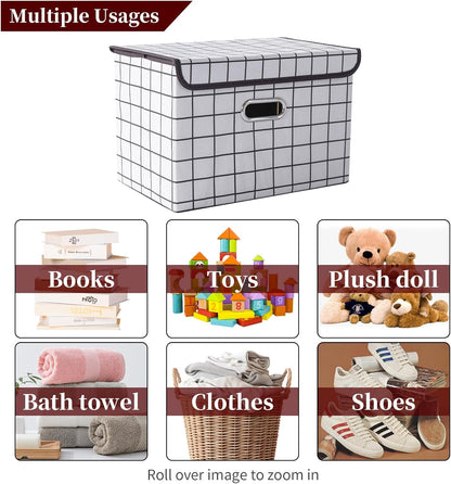 Fabric Storage Cube Bins Foldable Organizer Container Collapsible Basket with Lids and Metal Handles, for Home, Bedroom, Closet (Black)