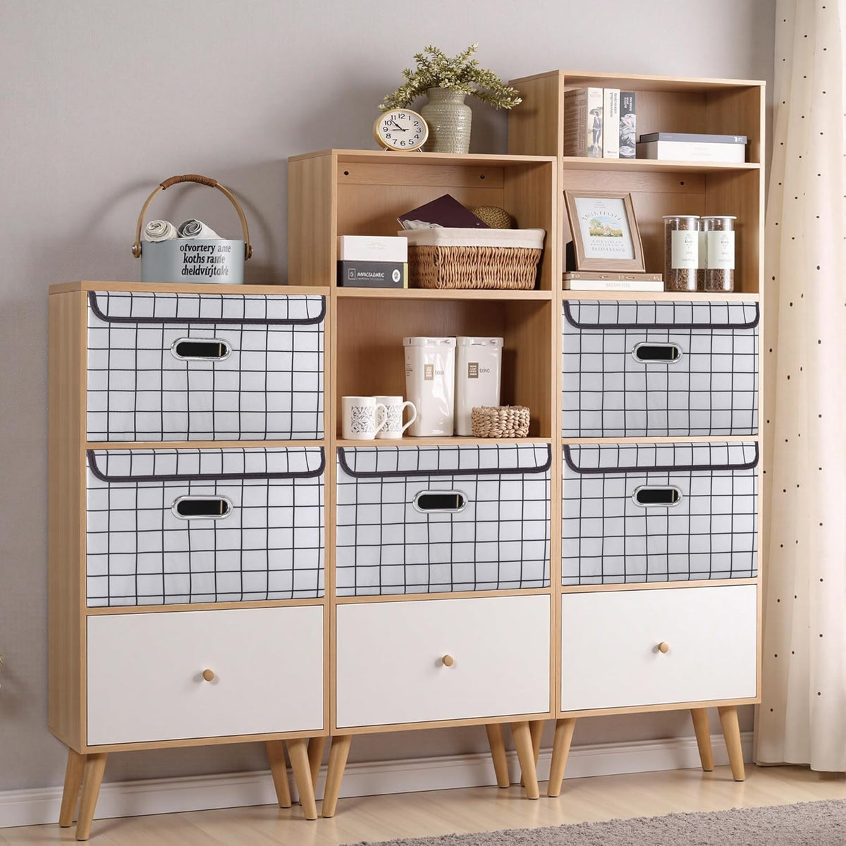 Fabric Storage Cube Bins Foldable Organizer Container Collapsible Basket with Lids and Metal Handles, for Home, Bedroom, Closet (Black)