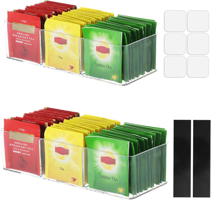 2 Pack Tea Bag Organizer with 3 Compartments, Magnetic Tea Bag Organizer, Adhesive Wall Mount Tea Box Strong Tea bag Holder Hooks for Storage Cabinet and Refrigerator Kitchen Pantry Doors