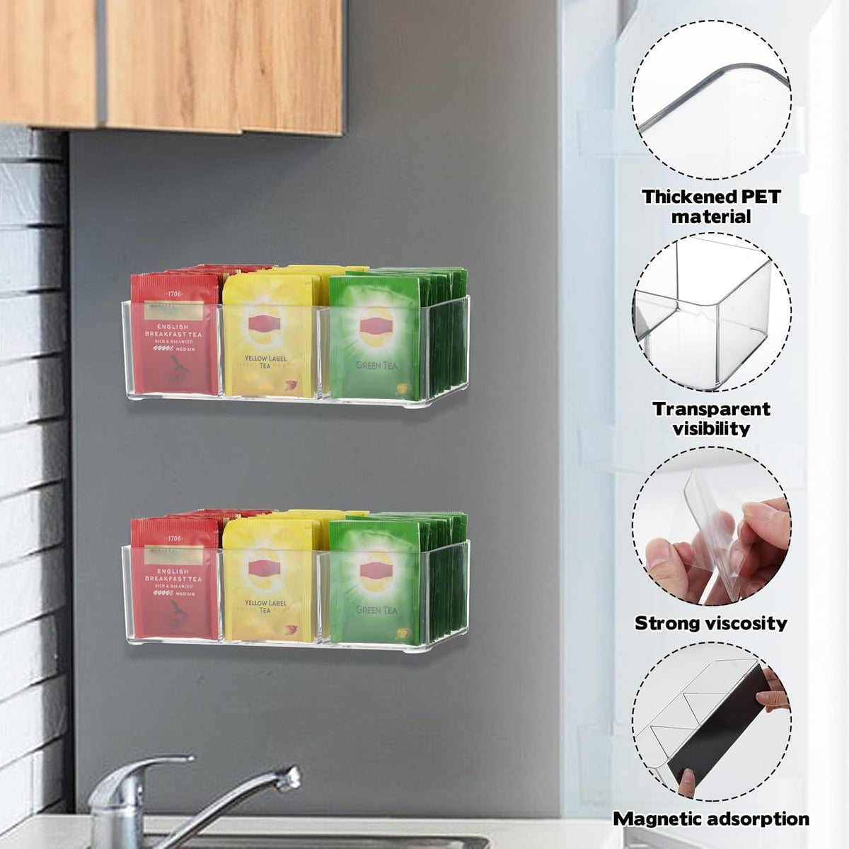 2 Pack Tea Bag Organizer with 3 Compartments, Magnetic Tea Bag Organizer, Adhesive Wall Mount Tea Box Strong Tea bag Holder Hooks for Storage Cabinet and Refrigerator Kitchen Pantry Doors