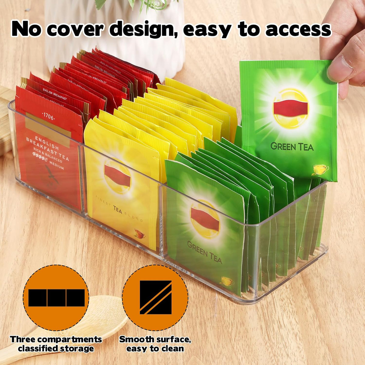 2 Pack Tea Bag Organizer with 3 Compartments, Magnetic Tea Bag Organizer, Adhesive Wall Mount Tea Box Strong Tea bag Holder Hooks for Storage Cabinet and Refrigerator Kitchen Pantry Doors