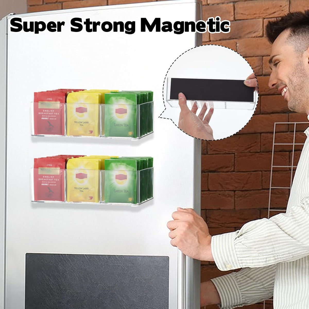 2 Pack Tea Bag Organizer with 3 Compartments, Magnetic Tea Bag Organizer, Adhesive Wall Mount Tea Box Strong Tea bag Holder Hooks for Storage Cabinet and Refrigerator Kitchen Pantry Doors