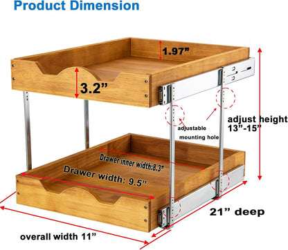 2 Tier Pull Out Cabinet Organizer (14" W x 18" D) Slide Out Wood Drawer, Two Tier Sliding Shelf Organization and Storage…