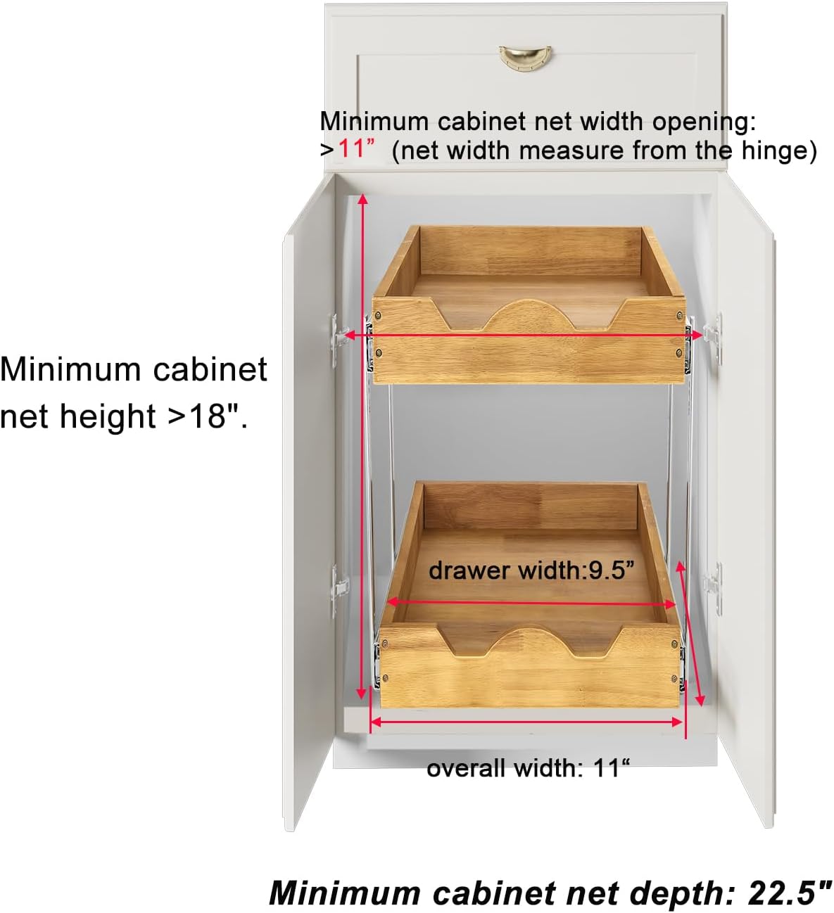 2 Tier Pull Out Cabinet Organizer (14" W x 18" D) Slide Out Wood Drawer, Two Tier Sliding Shelf Organization and Storage…