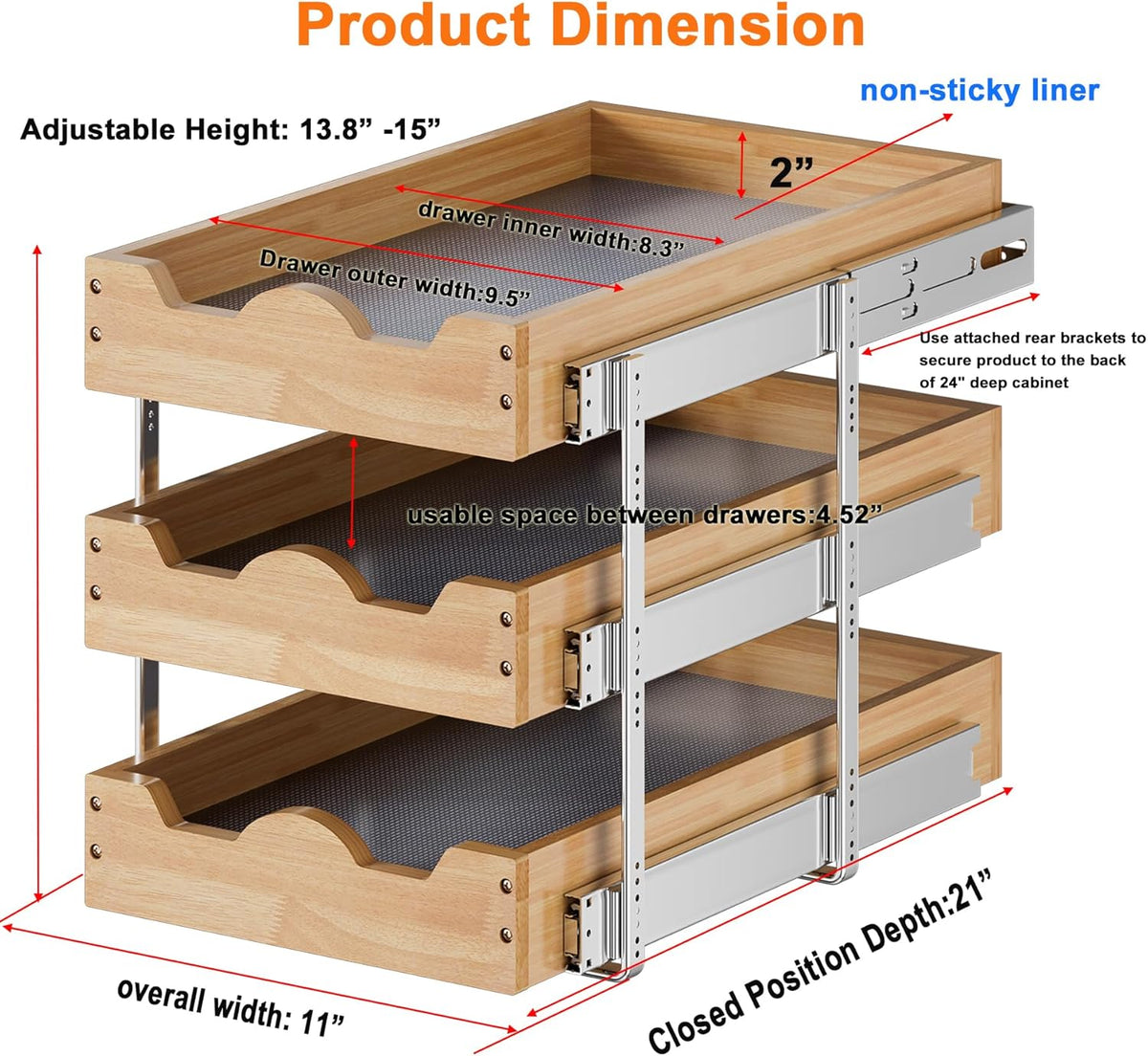 2 Tier Pull Out Cabinet Organizer (14" W x 18" D) Slide Out Wood Drawer, Two Tier Sliding Shelf Organization and Storage…