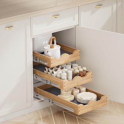 2 Tier Pull Out Cabinet Organizer (14" W x 18" D) Slide Out Wood Drawer, Two Tier Sliding Shelf Organization and Storage…