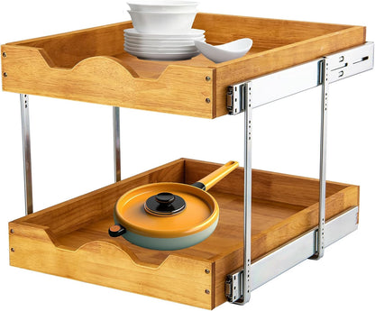 2 Tier Pull Out Cabinet Organizer (14" W x 18" D) Slide Out Wood Drawer, Two Tier Sliding Shelf Organization and Storage…
