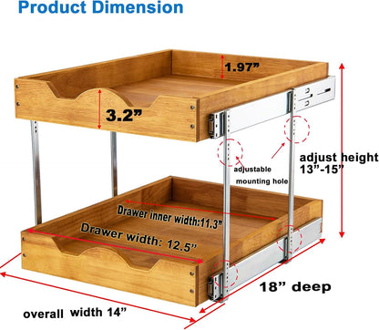 2 Tier Pull Out Cabinet Organizer (14" W x 18" D) Slide Out Wood Drawer, Two Tier Sliding Shelf Organization and Storage…