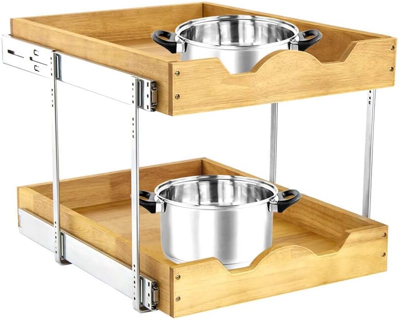2 Tier Pull Out Cabinet Organizer (14" W x 18" D) Slide Out Wood Drawer, Two Tier Sliding Shelf Organization and Storage…