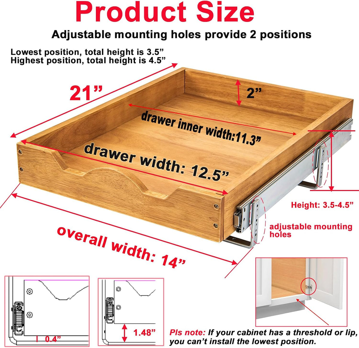 2 Tier Pull Out Cabinet Organizer (14" W x 18" D) Slide Out Wood Drawer, Two Tier Sliding Shelf Organization and Storage…