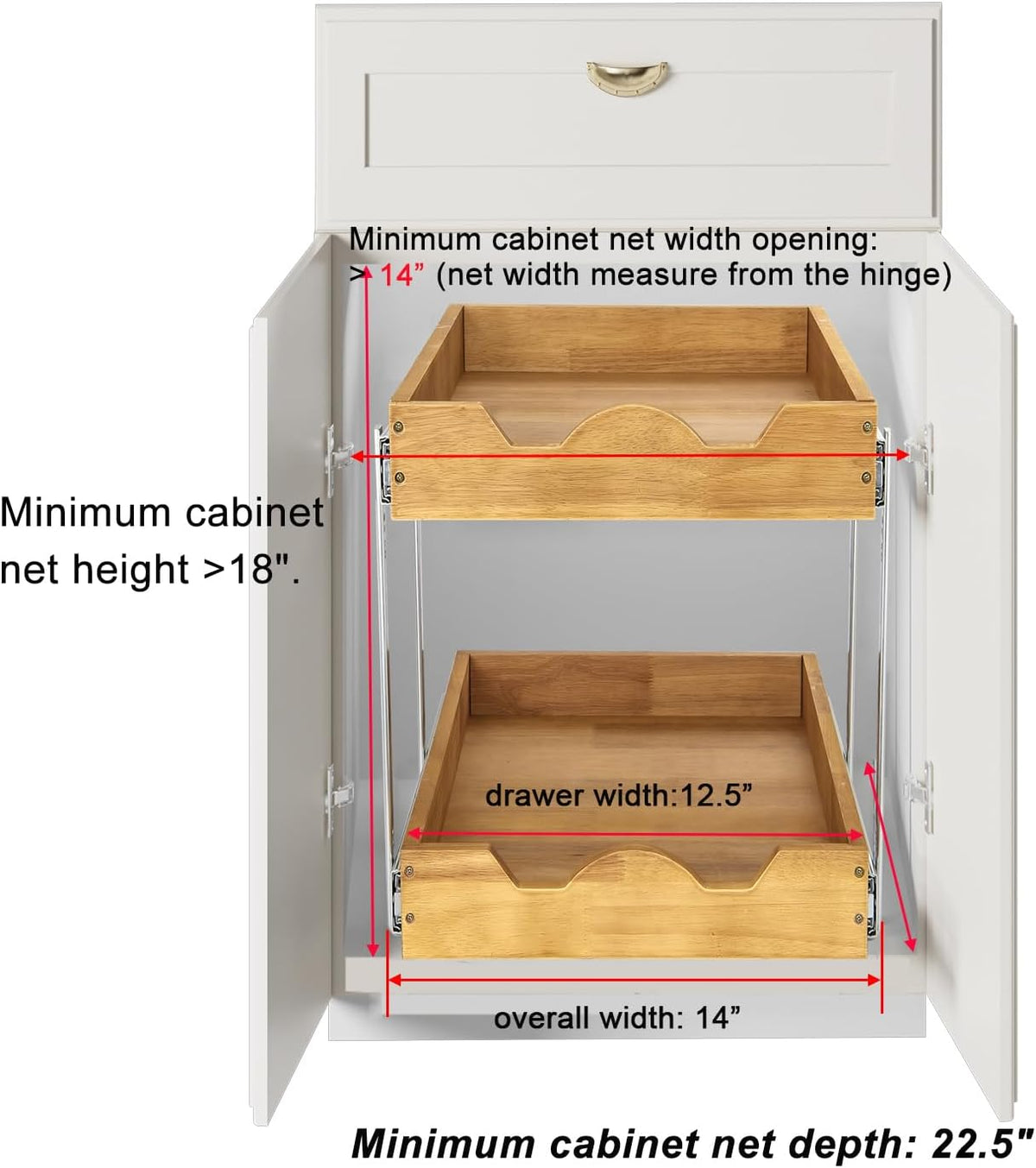 2 Tier Pull Out Cabinet Organizer (14" W x 18" D) Slide Out Wood Drawer, Two Tier Sliding Shelf Organization and Storage…