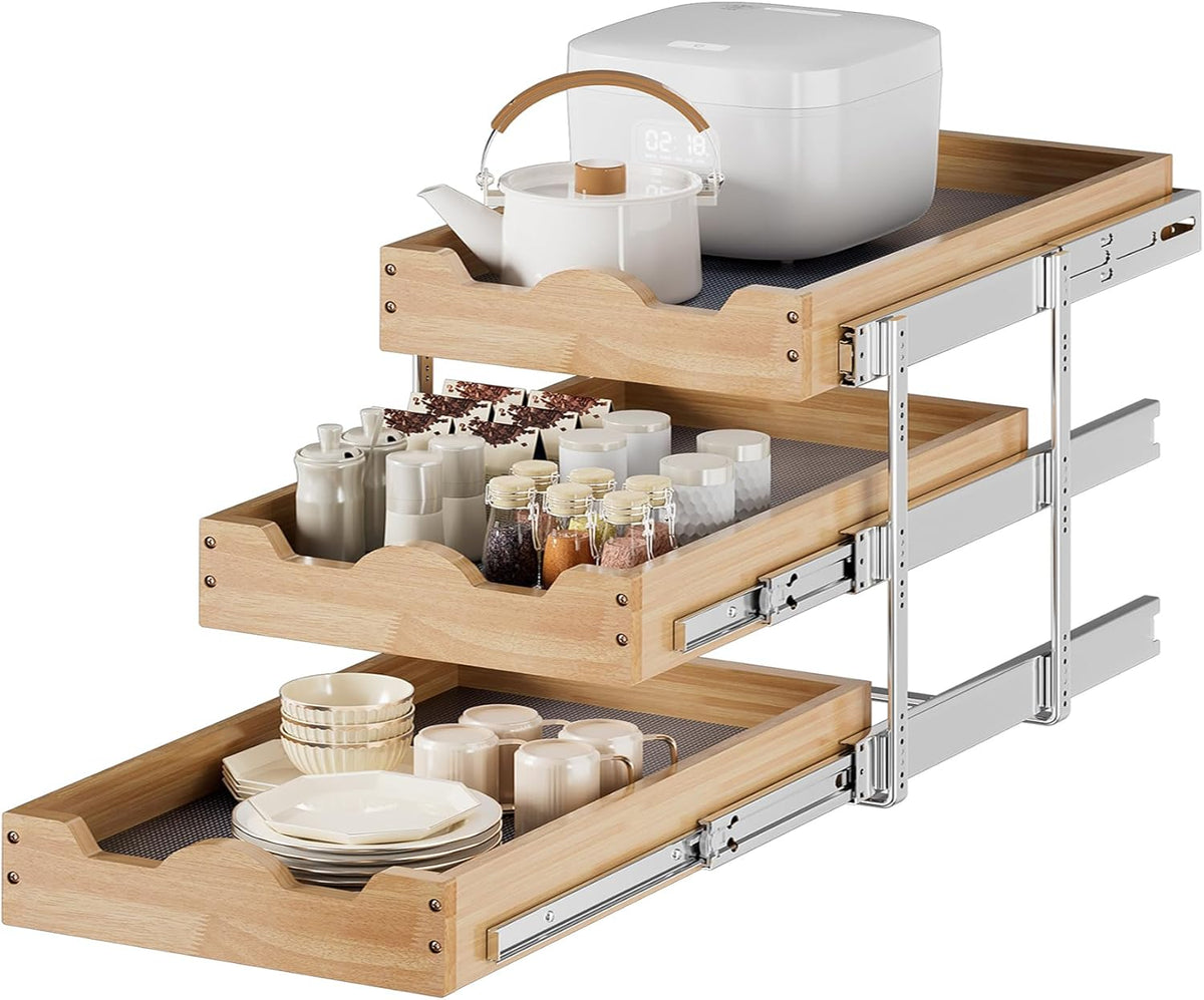 2 Tier Pull Out Cabinet Organizer (14" W x 18" D) Slide Out Wood Drawer, Two Tier Sliding Shelf Organization and Storage…