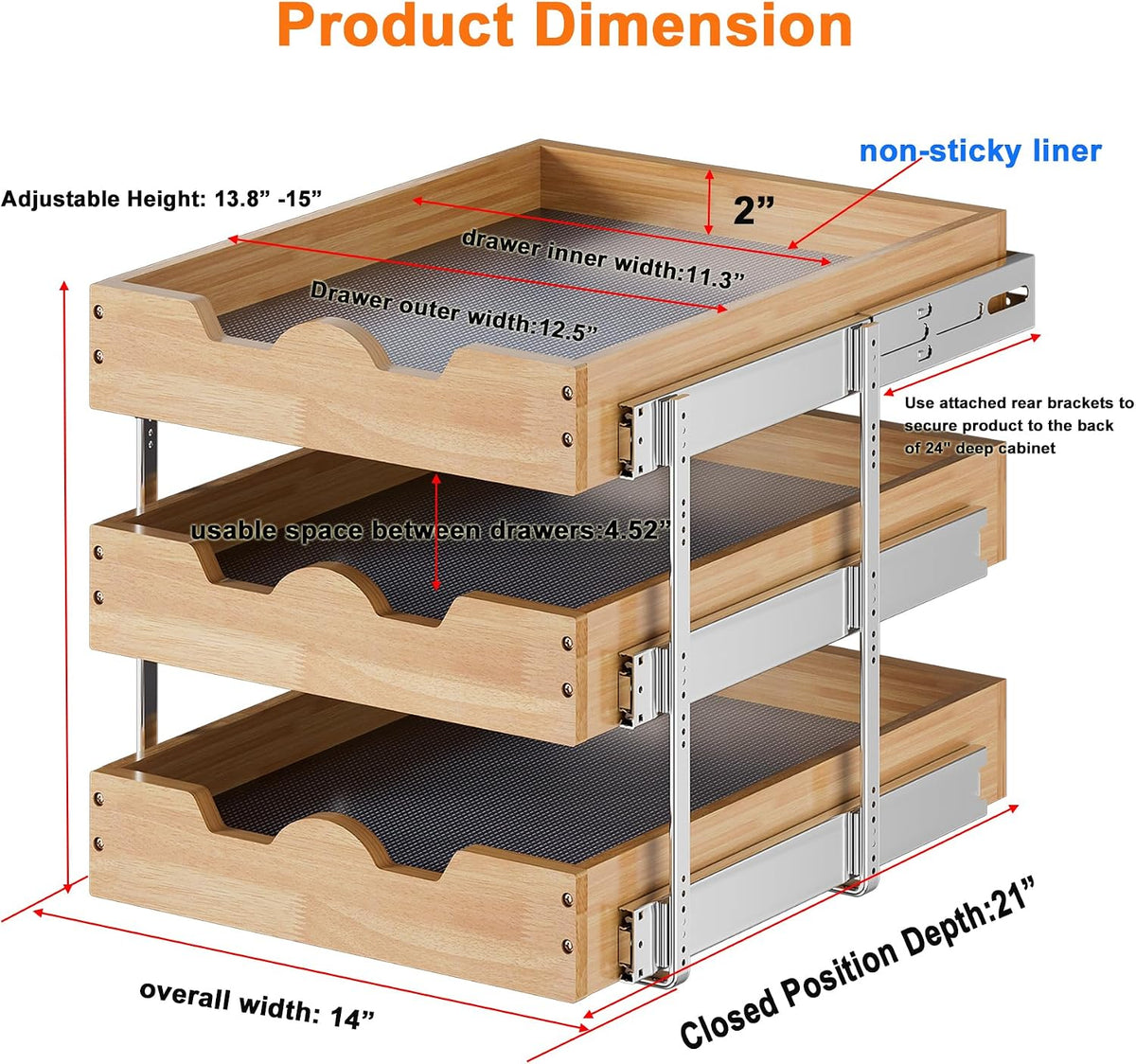 2 Tier Pull Out Cabinet Organizer (14" W x 18" D) Slide Out Wood Drawer, Two Tier Sliding Shelf Organization and Storage…