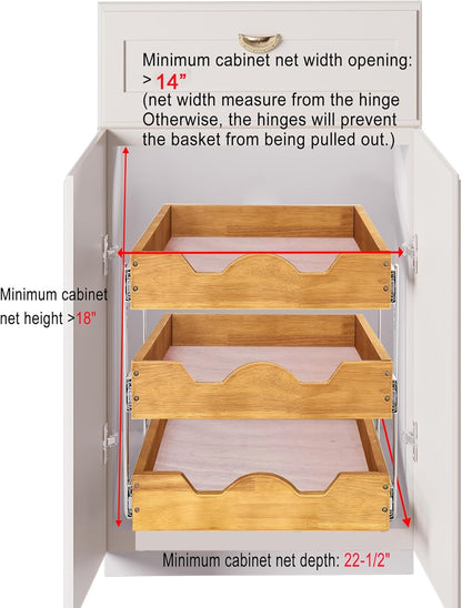 2 Tier Pull Out Cabinet Organizer (14" W x 18" D) Slide Out Wood Drawer, Two Tier Sliding Shelf Organization and Storage…